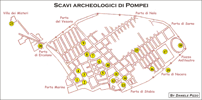 Mappa degli scavi di Pompei: per maggiori informazioni su ciascun sito, cliccare sul numero relativo (copyright: Daniele Pizzo, 2005)