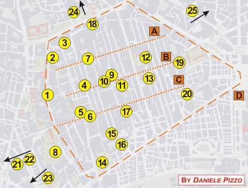 Mappa dei principali resti della Napoli greco-romana (Daniele Pizzo, 2005)