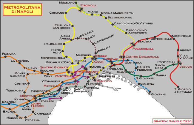 Metropolitana di Napoli - Mappa (grafica: Daniele Pizzo): cartina di Linea 1, Linea 2, Linea 6, Funicolari, Circumvesuviana, Circumflegrea, Cumana, Metrocampania Nord-Est, futura Linea 9, interscambi - Tutto il trasporto metropolitano su ferro della citt di Napoli